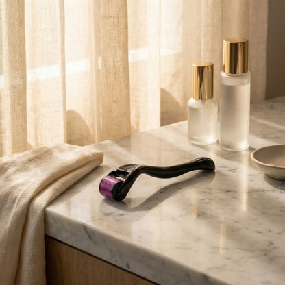Skincare roller and bottles on a marble counter with soft lighting