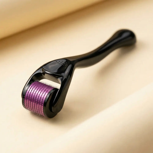 Derma roller with purple head on a beige background