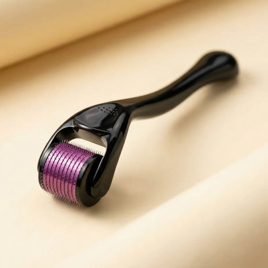 Derma roller with purple head on a beige background