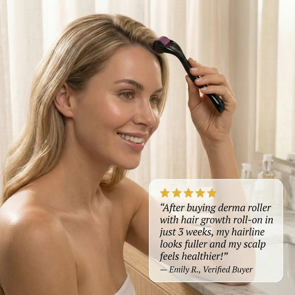 Woman using a hair growth roller with a five-star review overlay.
