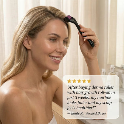 Woman using a hair growth roller with a five-star review overlay.