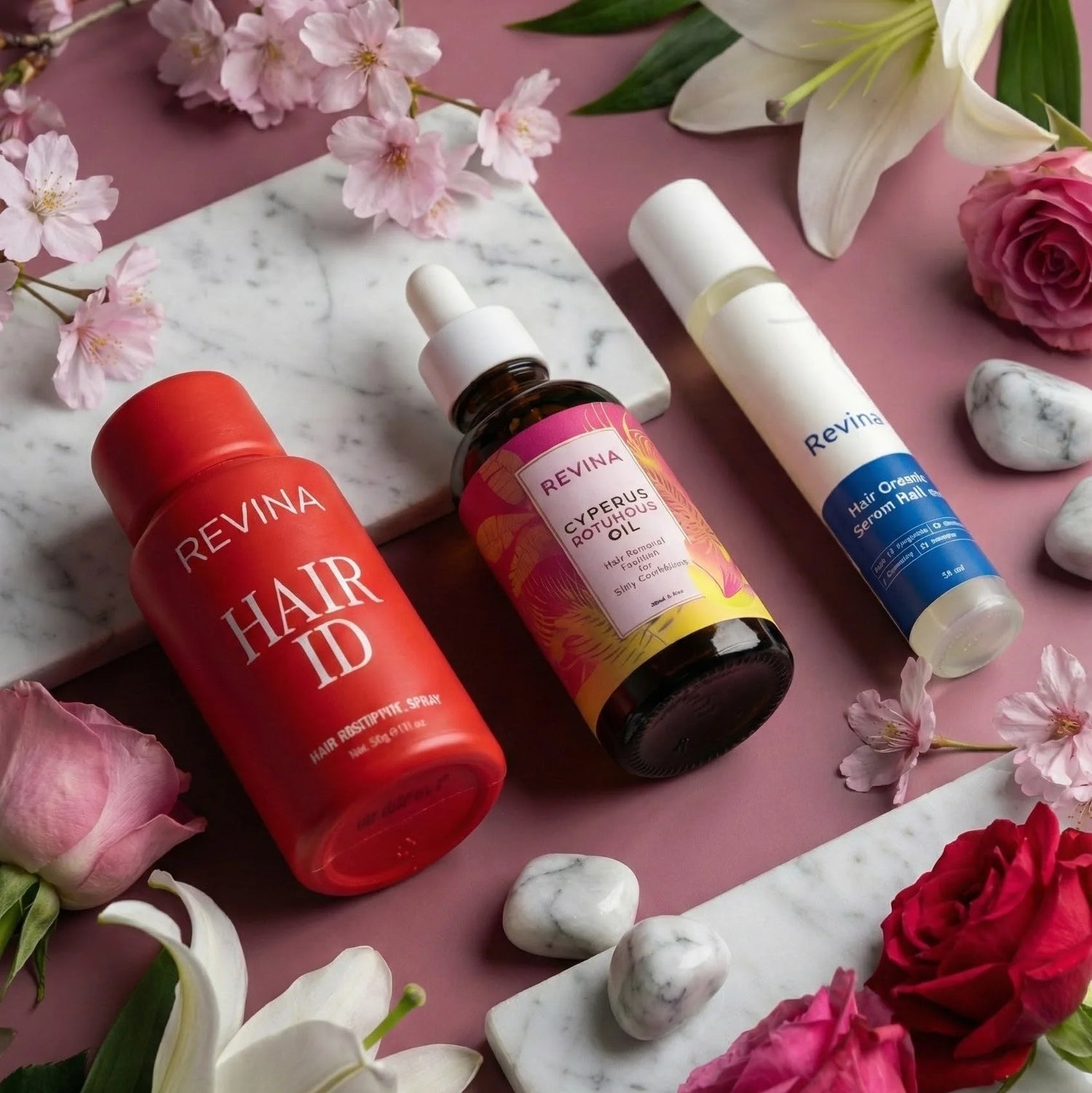Revina hair care products on a pink surface with flowers and marble stones